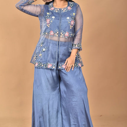 Morchari Women And Hand Embroidery Palazzo Set-Grey