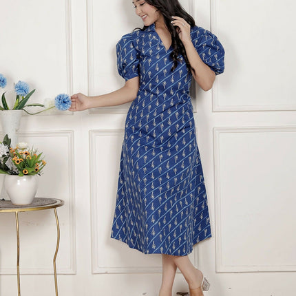 Miravan Womens Floral Print Blue Collar-Neck Puff Sleeves A-Line Maxi Dress