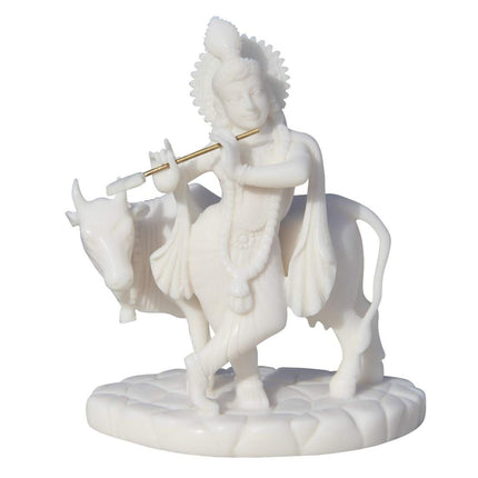 Handicrafts Paradise Carved In Resin Krishna with Cow