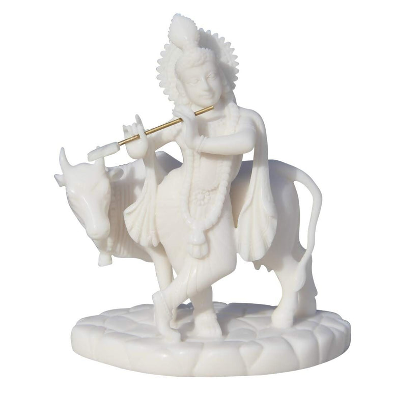 Handicrafts Paradise Carved In Resin Krishna with Cow