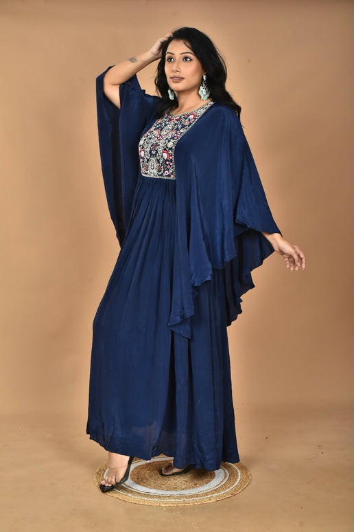 Morchari Kaftan Zari Embroidery Work Gown-Blue