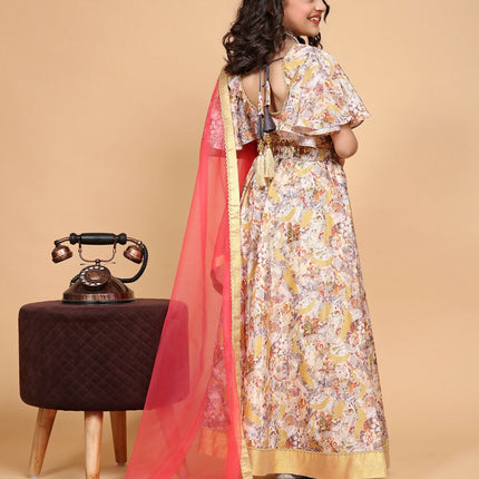 Divine Drape Girls Chinon Cream Printed Kids Lehenga Choli With Dupatta