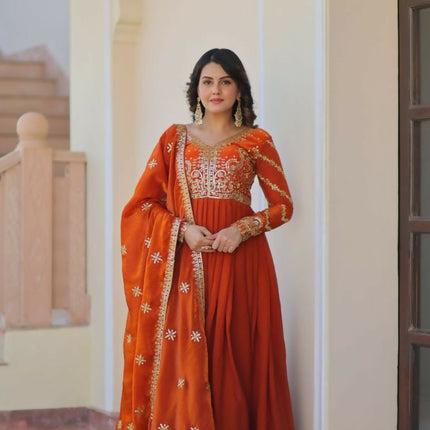 Aastha Fashion Orange Fendy Fabric Zari & Sequins Embroidered work Party Wear Designer Gown