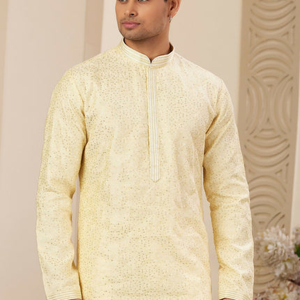 Raivat Ethnic Men's Art Silk Thread Work Kurta Pyjama In Yellow Colour