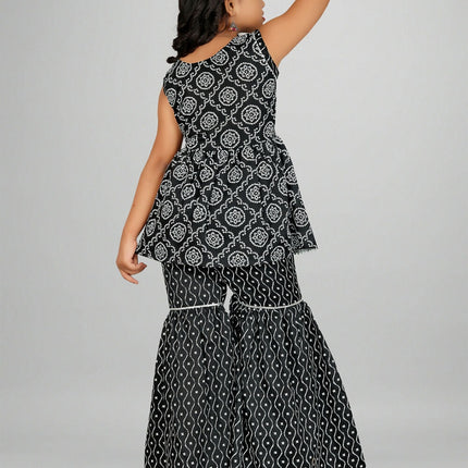 Divine Drape Girls Rayon Black Printed Straight Kids Kurta Sharara With Dupatta