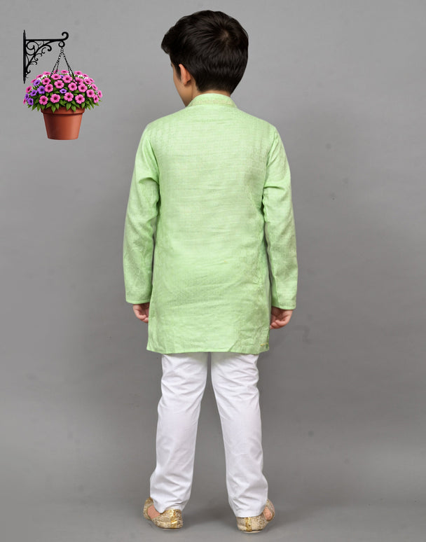 Bluesaanchi Lime Green Self-Design Embroidered Kurta Set – Playful & Festive for Your Little One