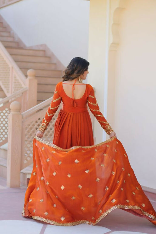 Aastha Fashion Orange Fendy Fabric Zari & Sequins Embroidered work Party Wear Designer Gown
