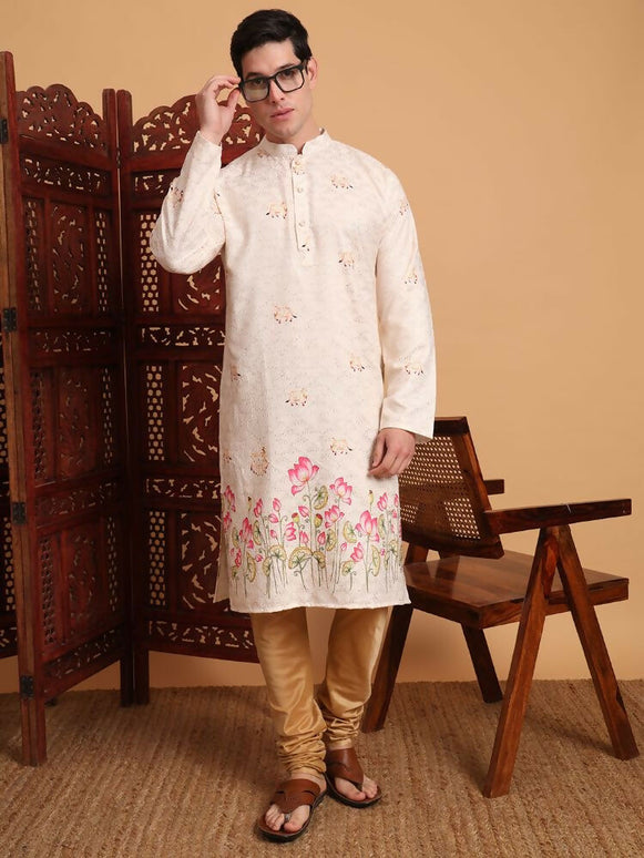 Cream Cotton Printed Chikankari Embroidery Work Kurta - Mahotsav
