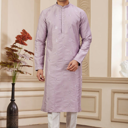 Raivat Ethnic Men's Art Silk Thread Work Kurta Pyjama In Light Purple Colour