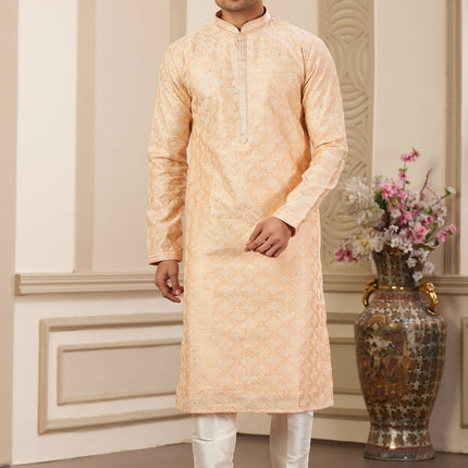 Raivat Ethnic Men's Art Silk Thread Work Kurta Pyjama In Peach Colour