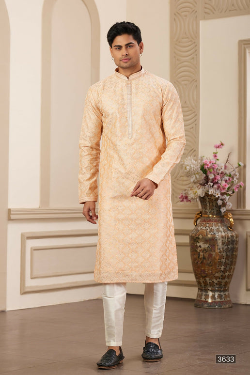 Raivat Ethnic Men's Art Silk Thread Work Kurta Pyjama In Peach Colour