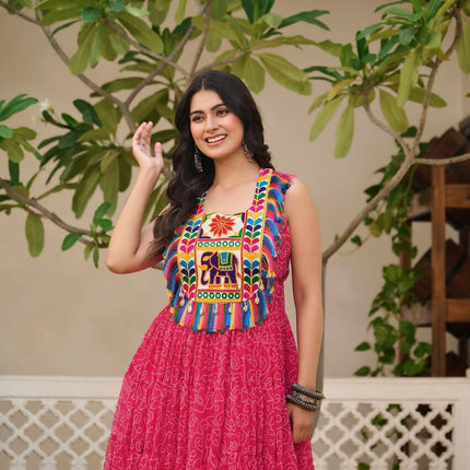 Aastha Fashion Magenta Faux Georgette Bandhani Print Navratri Designer Gown Collection