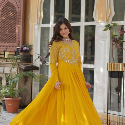 Aastha Fashion Yellow Faux Blooming Embroidery Work Party Wear Designer Gown
