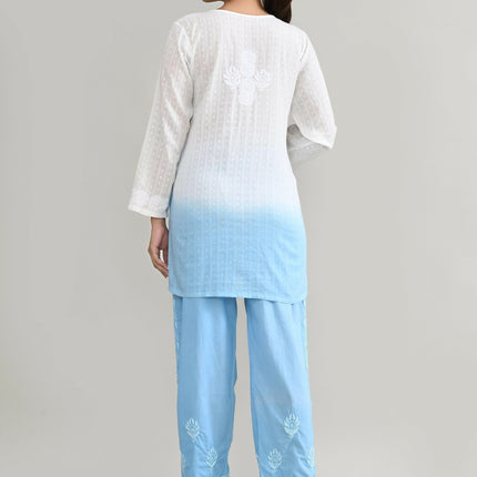 Joban Fashion Womens Cotton ChikanKari Sky Blue & White Cord set