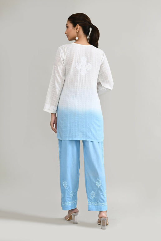 Joban Fashion Womens Cotton ChikanKari Sky Blue & White Cord set