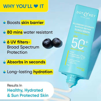Dot & Key Blueberry Hydrating Barrier Repair Face Sunscreen SPF 50+,PA++++ With Hyaluronic & 5 Ceramides