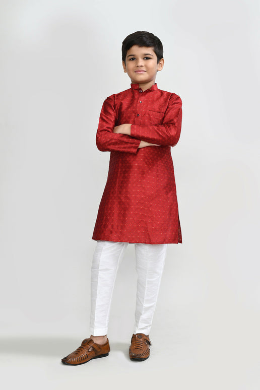 Joban Fashion Jacquard Silk Red Kurta With Straight Fit Pant