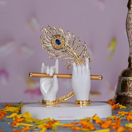 House Of Wemy Gold-Polished Melody Krishna Hands Idol with Flute and Peacock Feather - White