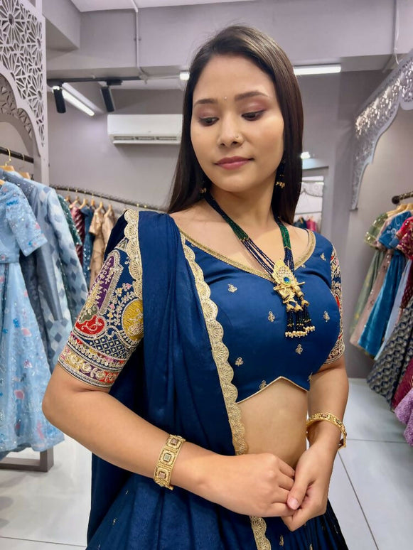 Aastha Fashion Rama Roman Silk Embroidery Thread / Zari / Sequence Work Semi Stitched Wedding Wear Lehenga Choli