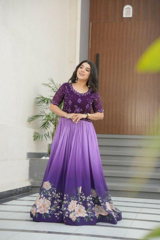 Aastha Fashion Purple Faux Blooming Embroidered work and Rich Floral Pedding Digital Print Party Wear Designer Gown