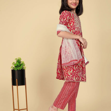Divine Drape Girls Poly Cotton Red Embroidered Straight Kids Kurta Pant With Dupatta