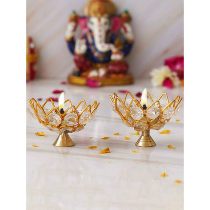 eCraftIndia Gold-Toned 2 Pieces Crystal Lotus Shape Brass Diyas