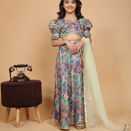 Divine Drape Girls Chinon Multi Printed Kids Lehenga Choli With Dupatta