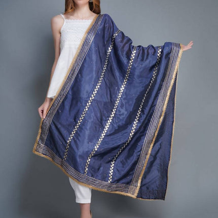 Shehnaai Navy Blue Artsilk Dupatta With Sarwoski And Gota Aari Embroidery