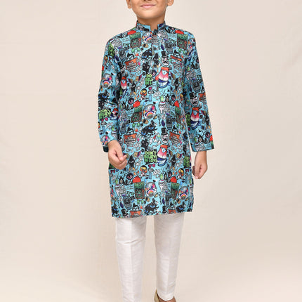 Joban Fashion Cotton Linen Blue Kurta With Straight Fit Pant