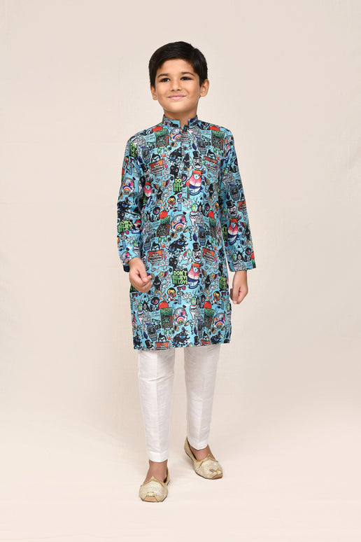 Joban Fashion Cotton Linen Blue Kurta With Straight Fit Pant