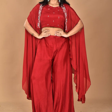 Morchari Women And Hand Embroidery Palazzo Set-Maroon