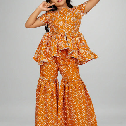 Divine Drape Girls Rayon Yellow Printed Straight Kids Kurta Sharara With Dupatta