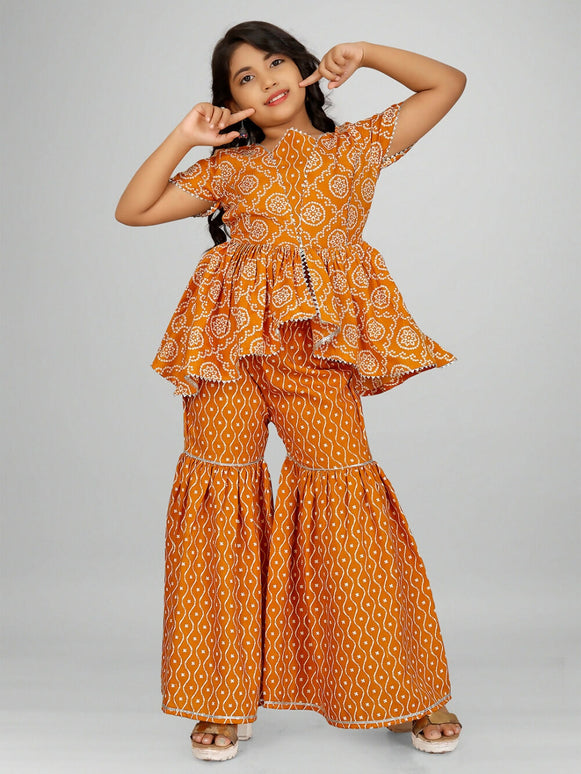 Divine Drape Girls Rayon Yellow Printed Straight Kids Kurta Sharara With Dupatta