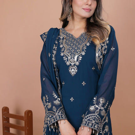 Lehenga Mart Georgette Top Pant Dupatta for Girls or Women - Blue