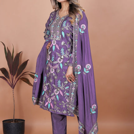 Lehenga Mart Chinon Top Pant Dupatta for Girls or Women - Blue