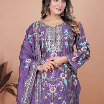 Lehenga Mart Chinon Top Pant Dupatta for Girls or Women - Blue