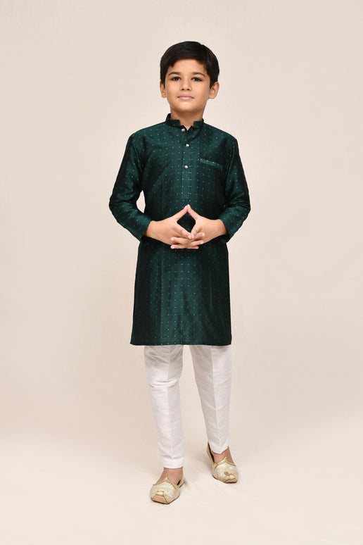 Joban Fashion Jacquard Silk Bottle Green Kurta With Straight Fit Pant