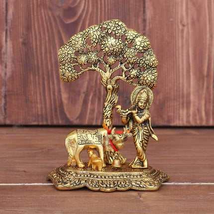 Chhariya Crafts Metal Krishna With Kamdhenu Cow
