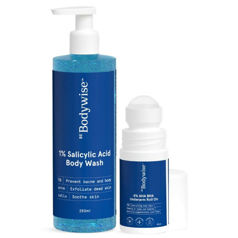 BeBodywise 1% Salicylic Acid Body Wash & 4% AHA BHA Underarm Roll On - Helps Exfoliate Skin