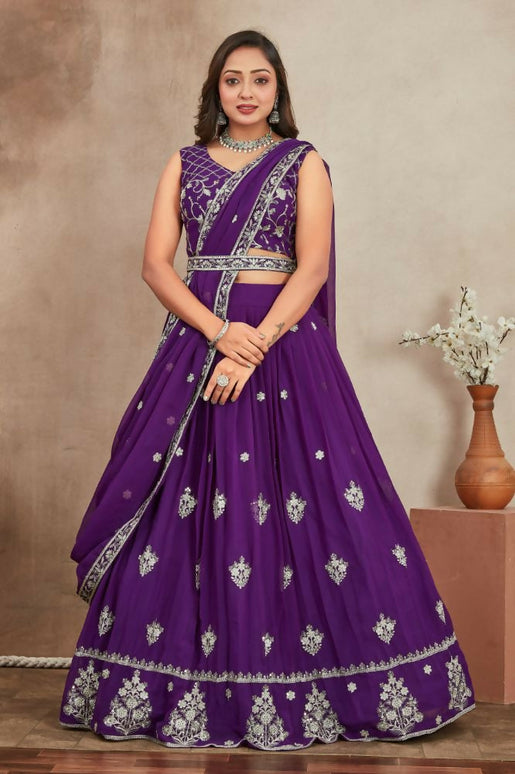 Aastha Fashion Purple Heavy Georgette Embroidery Zari / Sequence Work Semi Stitched Wedding Wear Lehenga Choli