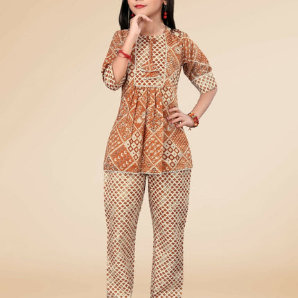 Divine Drape Girls Poly Cotton Mustard Printed Straight Kids Kurta Pant Set