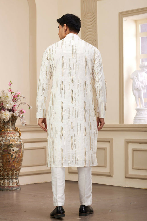 Raivat Ethnic Men's Art Silk Thread Work Kurta Pyjama In Cream Colour