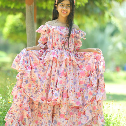 LH Luxury Fashion Glam Tiered Dress – Elegant Floral Long Dress for Girls