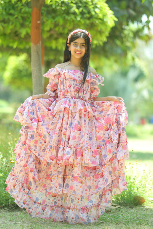 LH Luxury Fashion Glam Tiered Dress – Elegant Floral Long Dress for Girls