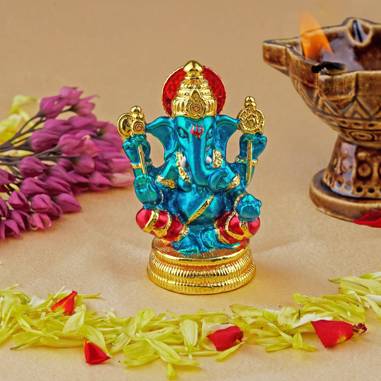Estele Gold-Polished God of beginnings Lord Ganesha Idol with multi-color Stone Type:Enamel for Gifts & HouseWarming/Home/Office Decors