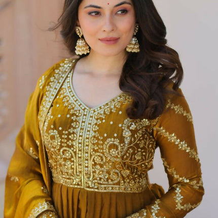 Aastha Fashion Mehandi Fendy Fabric Zari & Sequins Embroidered work Party Wear Designer Gown