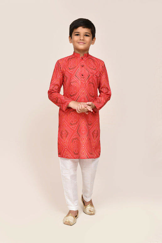 Joban Fashion Cotton Red Kurta With Straight Fit Pant