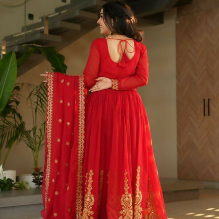 Aastha Fashion Red Faux Blooming Embroidery Zari Sequins-work Party Wear Designer Gown