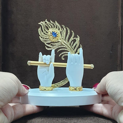 House Of Wemy Gold-Polished Melody Krishna Hands Idol with Flute and Peacock Feather - White