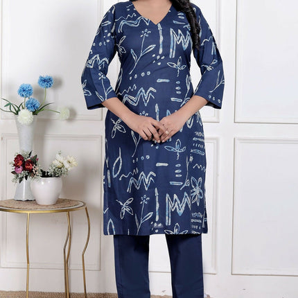 Miravan Womens Abstract Blue Printed Cotton Blue Co-Ord Set